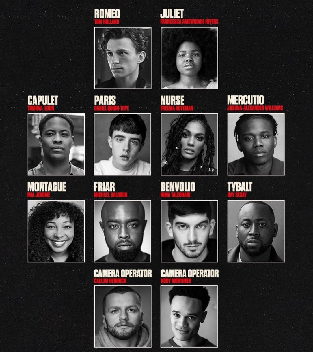 Elenco de Romeo y Julieta con Francesca Amewudah-Rivers y Tom Holland