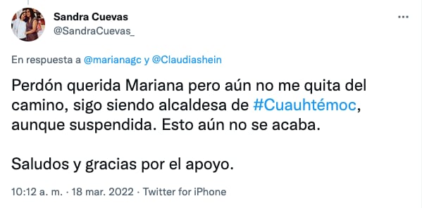 Sandra Cuevas dice que Claudia Sheinbaum aun no la quitado del camino