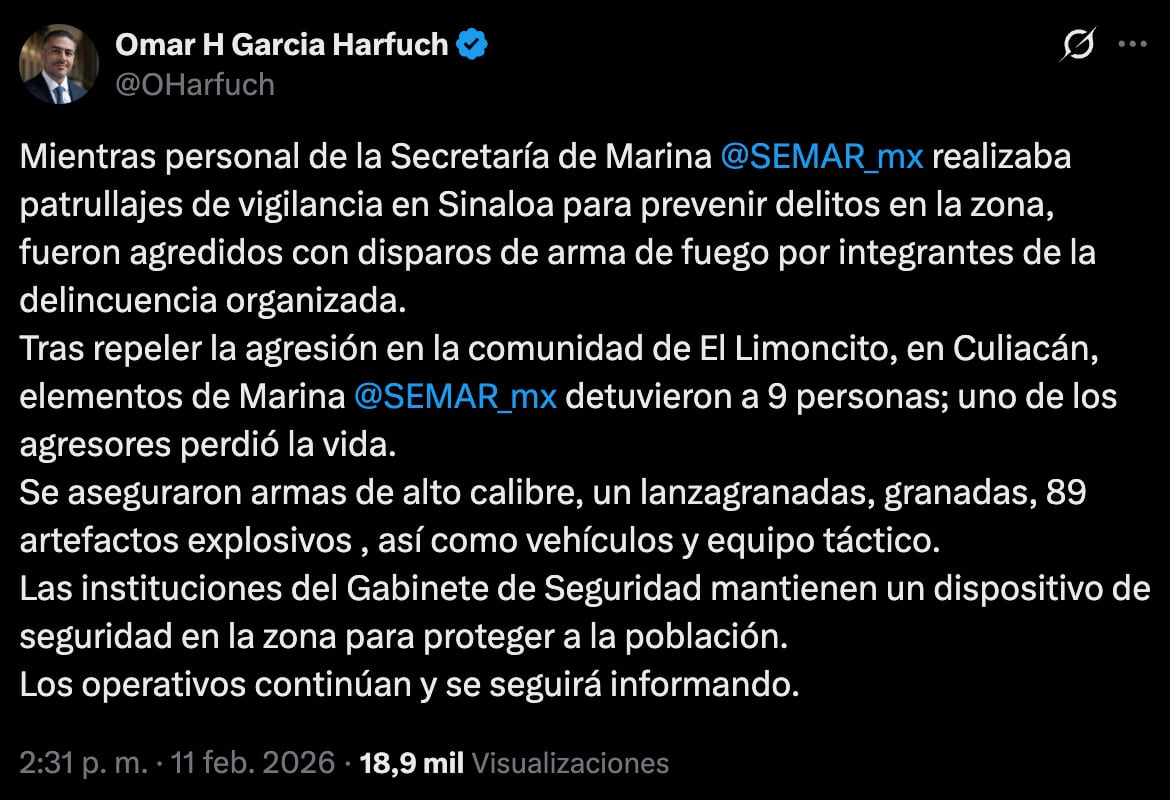 Omar García Harfuch confirma enfrentamiento entre elementos de la Semar y delincuentes en El Limoncito