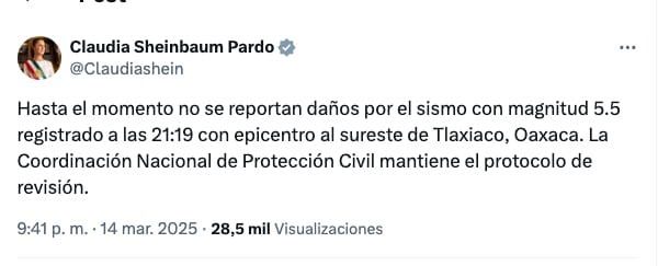 Claudia Sheinbaum sobre el sismo hoy 14 de marzo 2025
