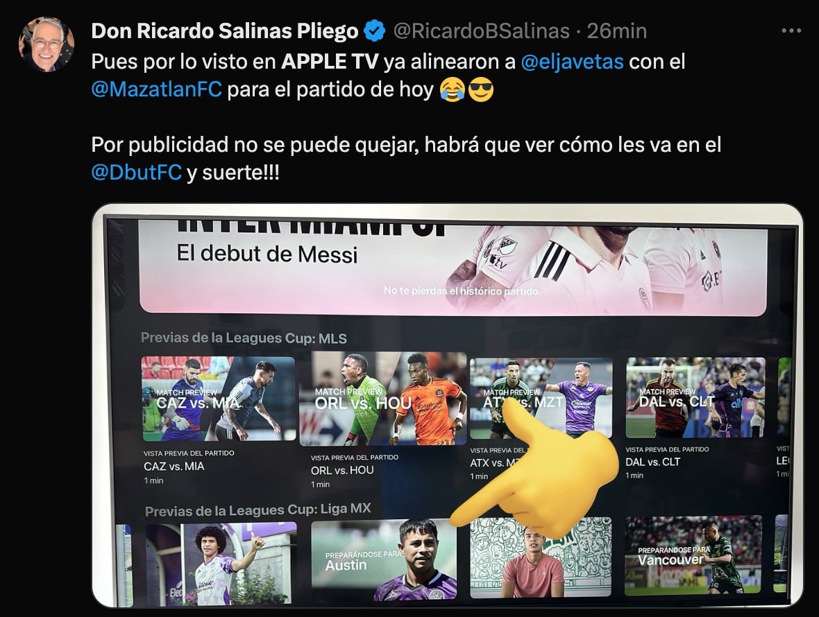 Ricardo Salinas Pliego reaccionó al "debut" de Javetas con el Mazatlán FC en la Leagues Cup.
