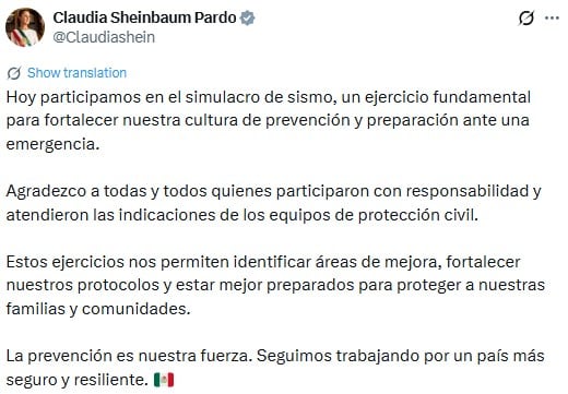 “La prevención es nuestra fuerza”: Sheinbaum tras Segundo Simulacro Nacional 2026