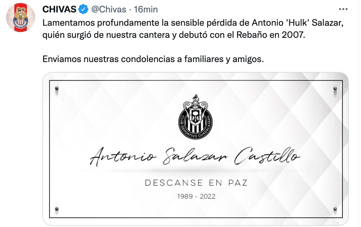 Chivas lamentó la muerte del Hulk Salazar