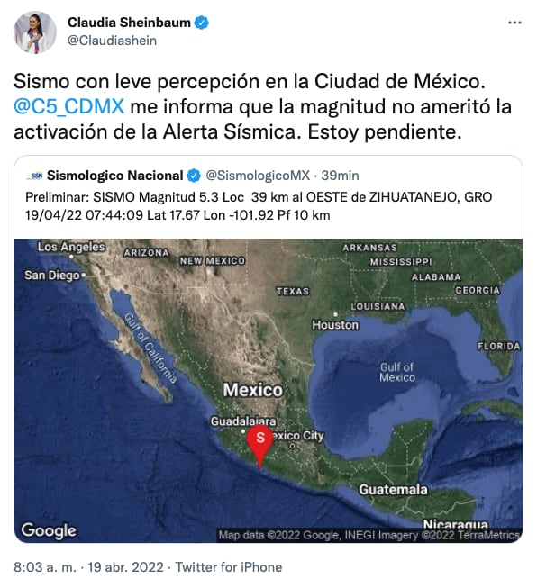 Tuit de Claudia Sheinbaum, temblor 19 de abril