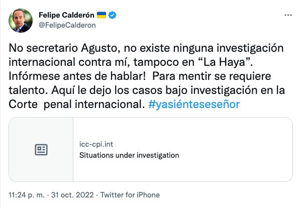 Felipe Calderón asegura que Adán Augusto López miente sobre su investigación de La Haya
