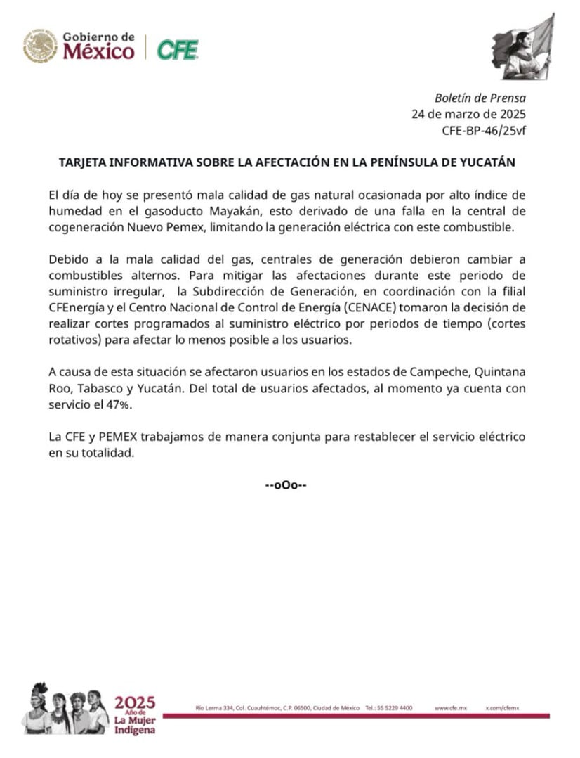 Comunicado CFE sobre apagones del 24 de marzo
