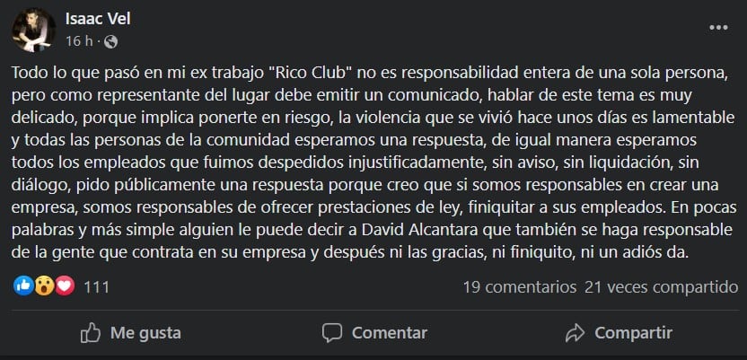 Despido injustificado en Rico Club