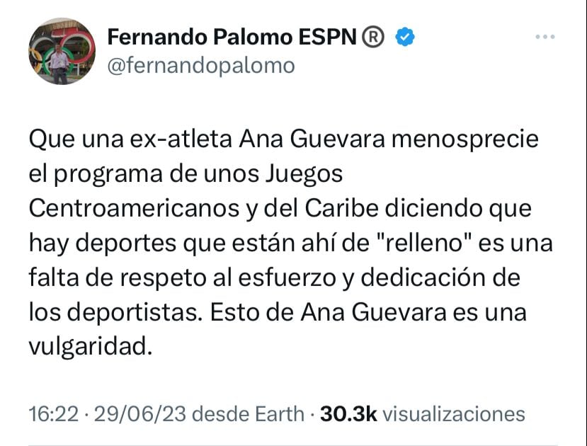 Fernando Palomo se fue en contra de Ana Gabriela Guevara por menospreciar los Juegos Centroamericanos 2023.