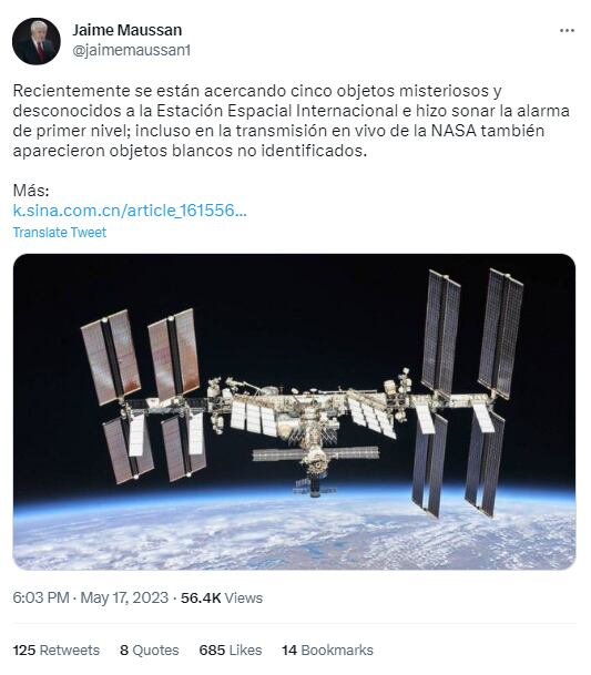 Tuit de Jaime Maussan sobre los 5 objetos misteriosos en la Estación Espacial Internacional