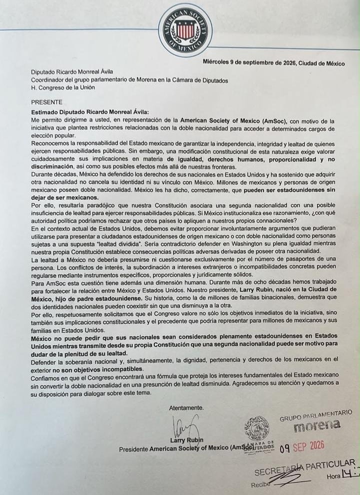 Larry Rubin envía carta a Monreal contra la reforma de nacionalidad única