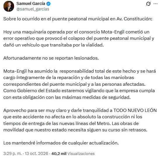 Samuel García afirma que Mota-Engil asumió la responsabilidad total por colapso de puente en Monterrey