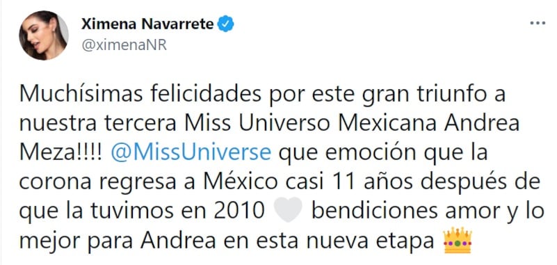 Ximena Navarrete felicita Andrea Meza