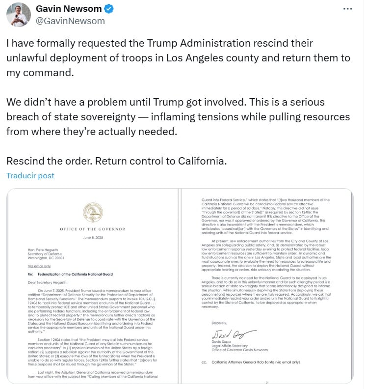 Gobernador de California se pronuncia contra el despliegue de tropas por orden de Donald Trump