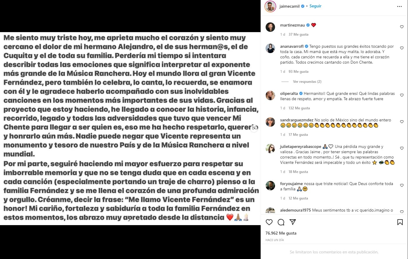 Jaime Camil se despide de Vicente Fernández