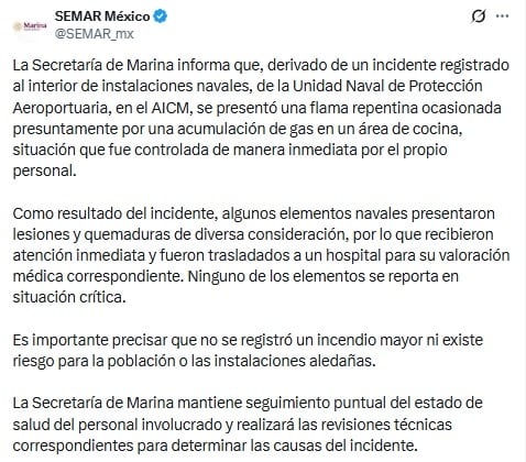 Marina informa sobre el flamazo en el AICM.