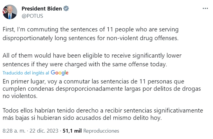 Joe Biden perdonó a 11 personas condenadas por delitos de drogas no violentos como un milagro navideño