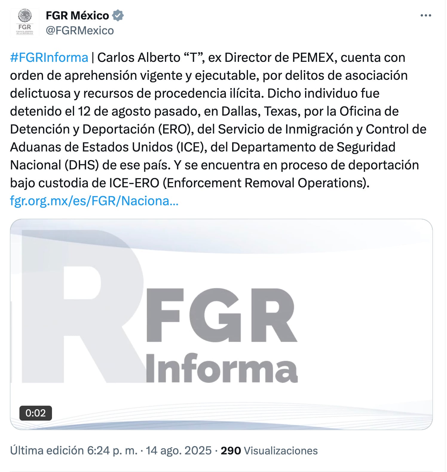 FGR confirma orden de aprehensión de Carlos Alberto Treviño