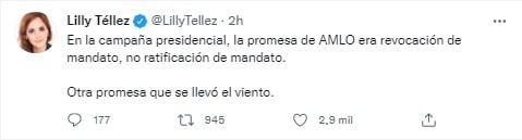 Lilly Téllez acusa a AMLO de querer una ratificación y no una revocación de mandato.