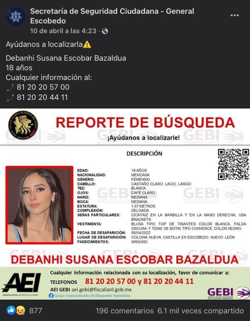 Secretaría de Seguridad Ciudadana de Escobedo comparte ficha de búsqueda de Debanhi Susana Escobar/captura de facebook