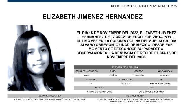 Elizabeth Jiménez, de 12 años, desaparecida