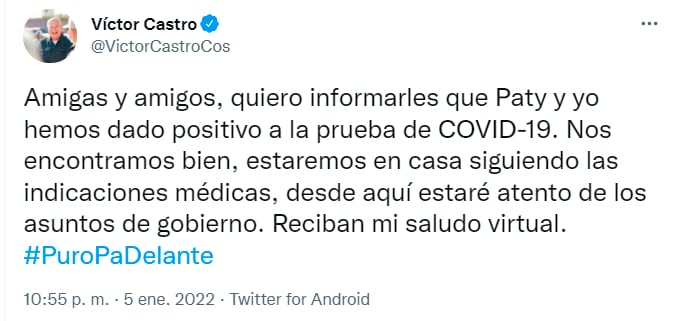 Tuit de Víctor Castro, gobernador de Baja California Sur