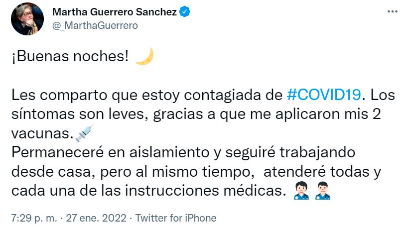 Tuit de Martha Guerrero senadora por el Estado de México de Morena