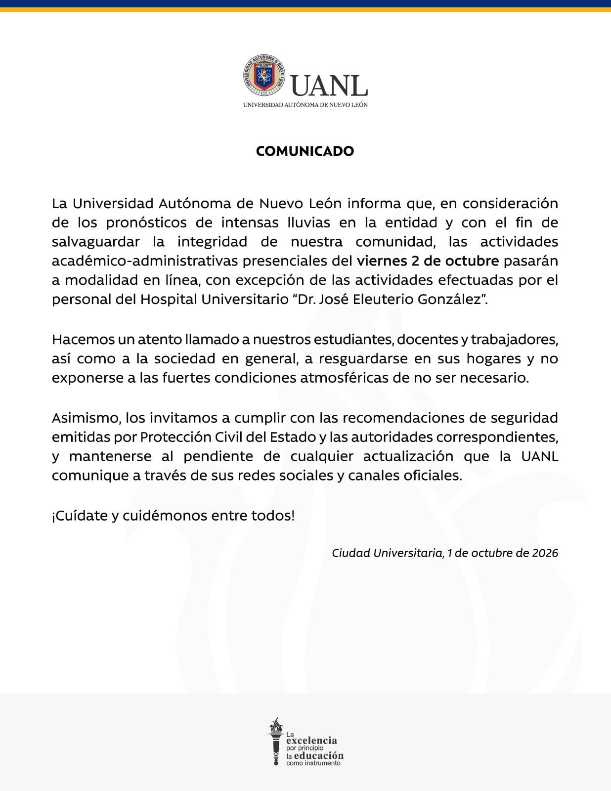 Nuevo León tendrá clases en línea este viernes 2 de octubre por lluvias