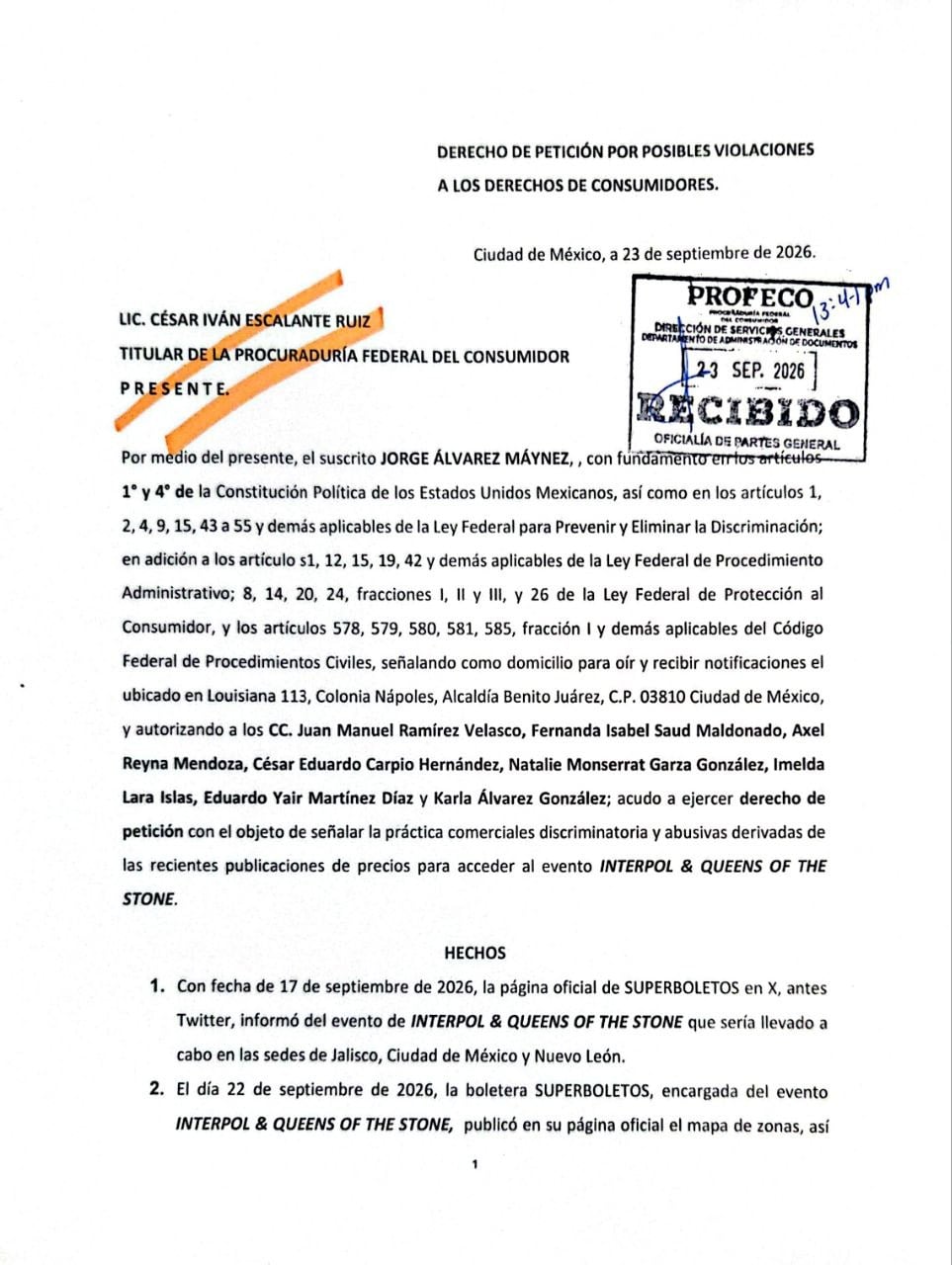 Máynez lleva ante Profeco queja por boletos de Interpol y Queens of the Stone Age