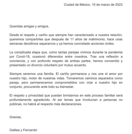 Galilea Montijo anuncia su separación de Fernando Reina