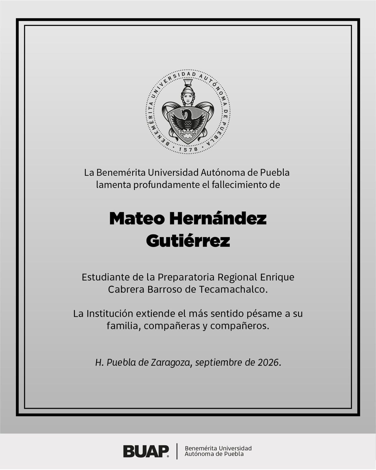 BUAP expresa su pésame por muerte del hijo del alcalde de Tecamachalco