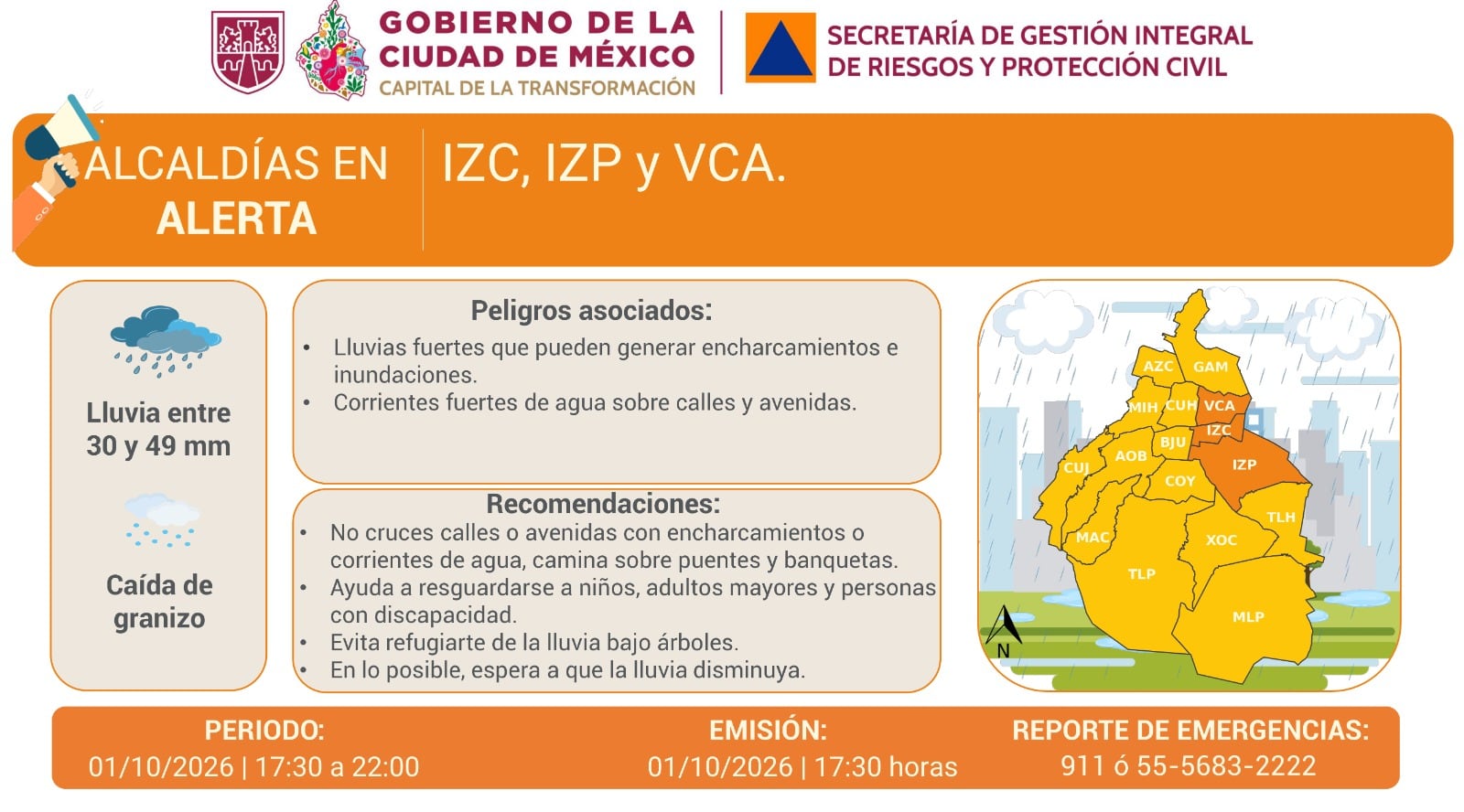 Oriente de la CDMX bajo Alerta Naranja por lluvias