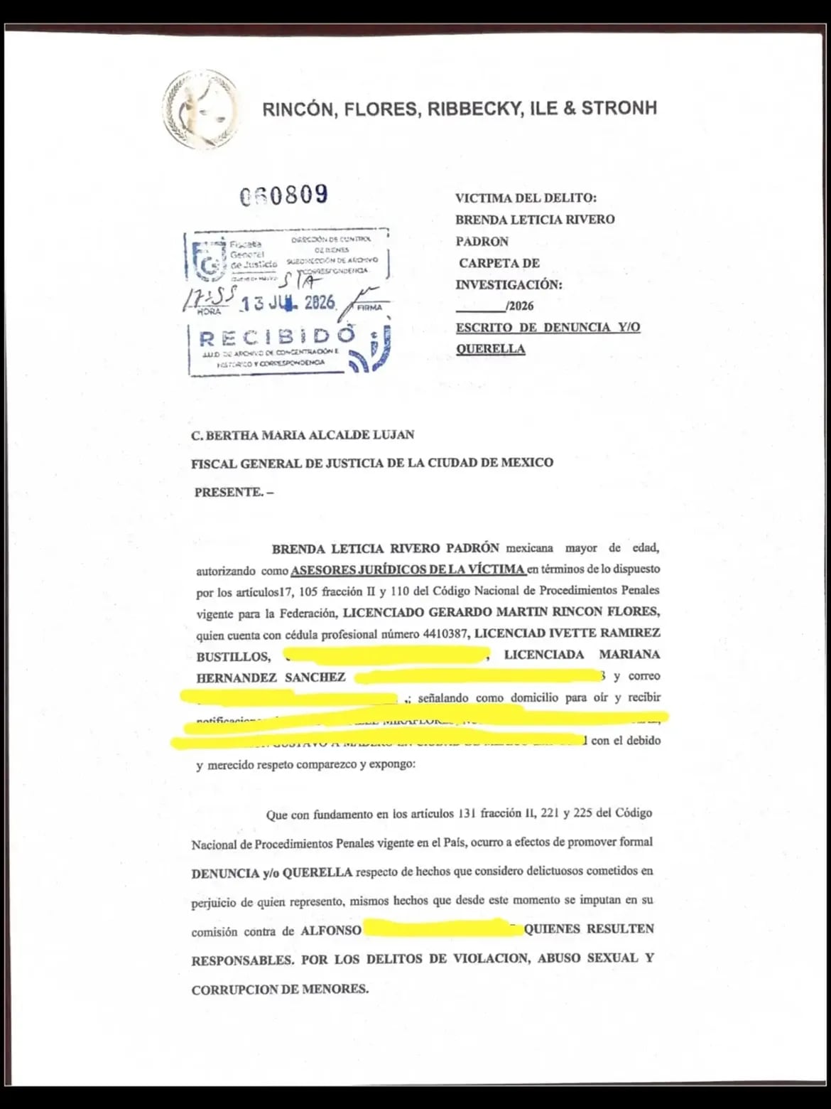 Brenda Rivero denuncia formalmente a Alfonso Obregón
