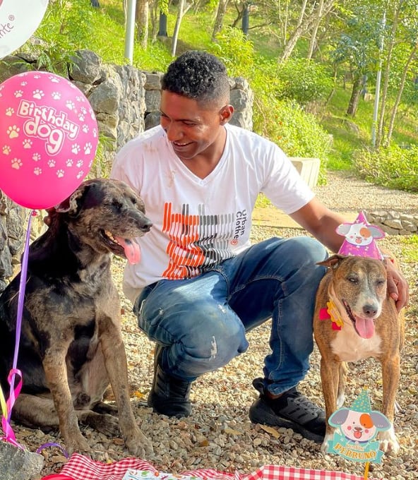 Hombre sin hogar que celebró a sus perritos