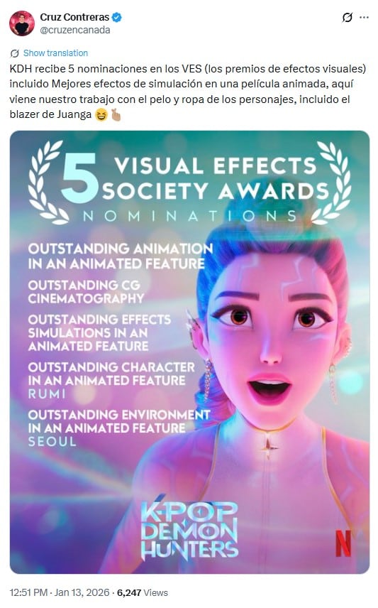 Cruz Contreras celebra 5 nominaciones de KPop Demon Hunters en los Visual Effects Society Awards