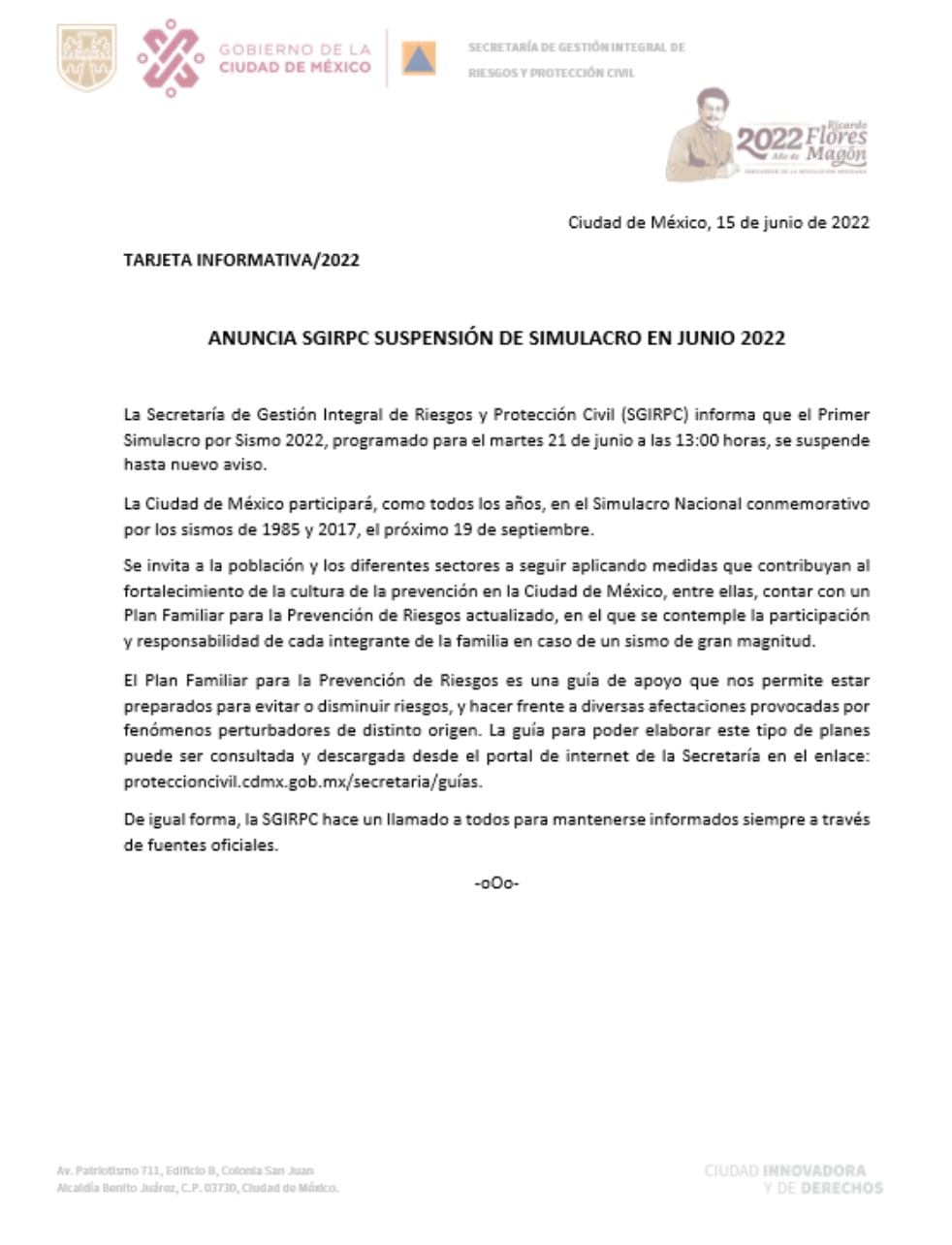 Comunicado simulacro 2022