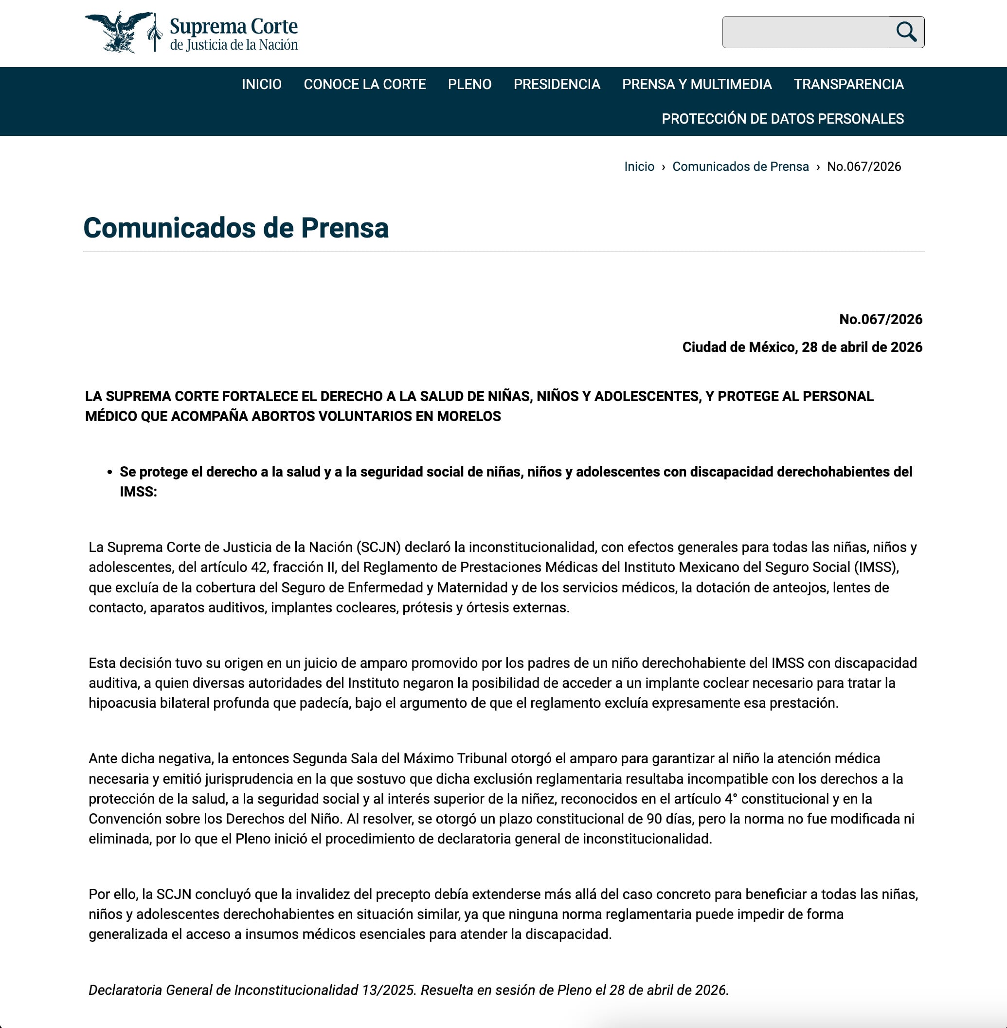 Comunicado de la SCJN