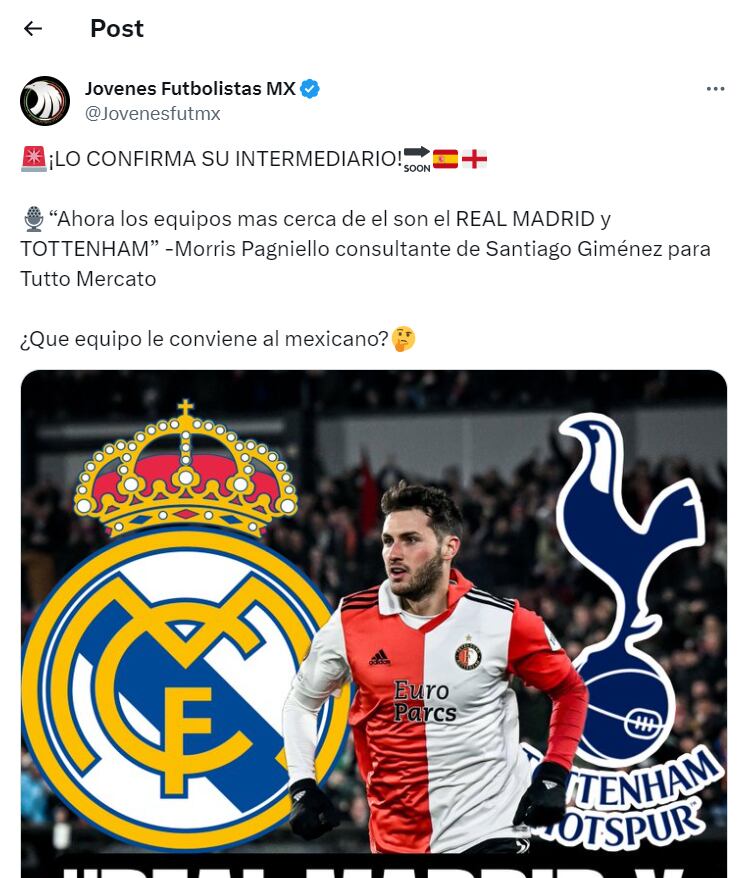 Santiago Giménez puede fichar por el Real Madrid o Tottenham