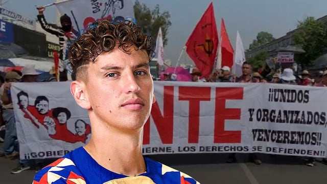 Igor Lichnovsky, defensa del Club América, al frente, y una marcha de la CNTE al fondo