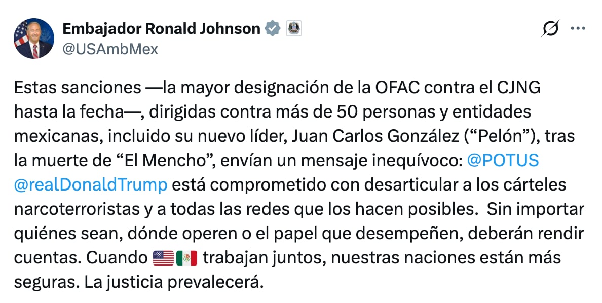 Ronald Johnson sobre sanciones al CJNG