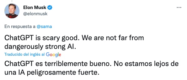 Tuit de Elon Musk sobre ChatGPT