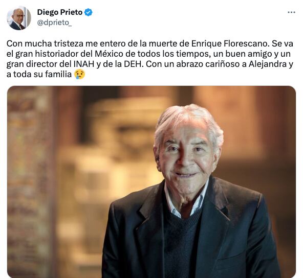 Tuit de Diego Prieto sobre la muerte de Enrique Florescano
