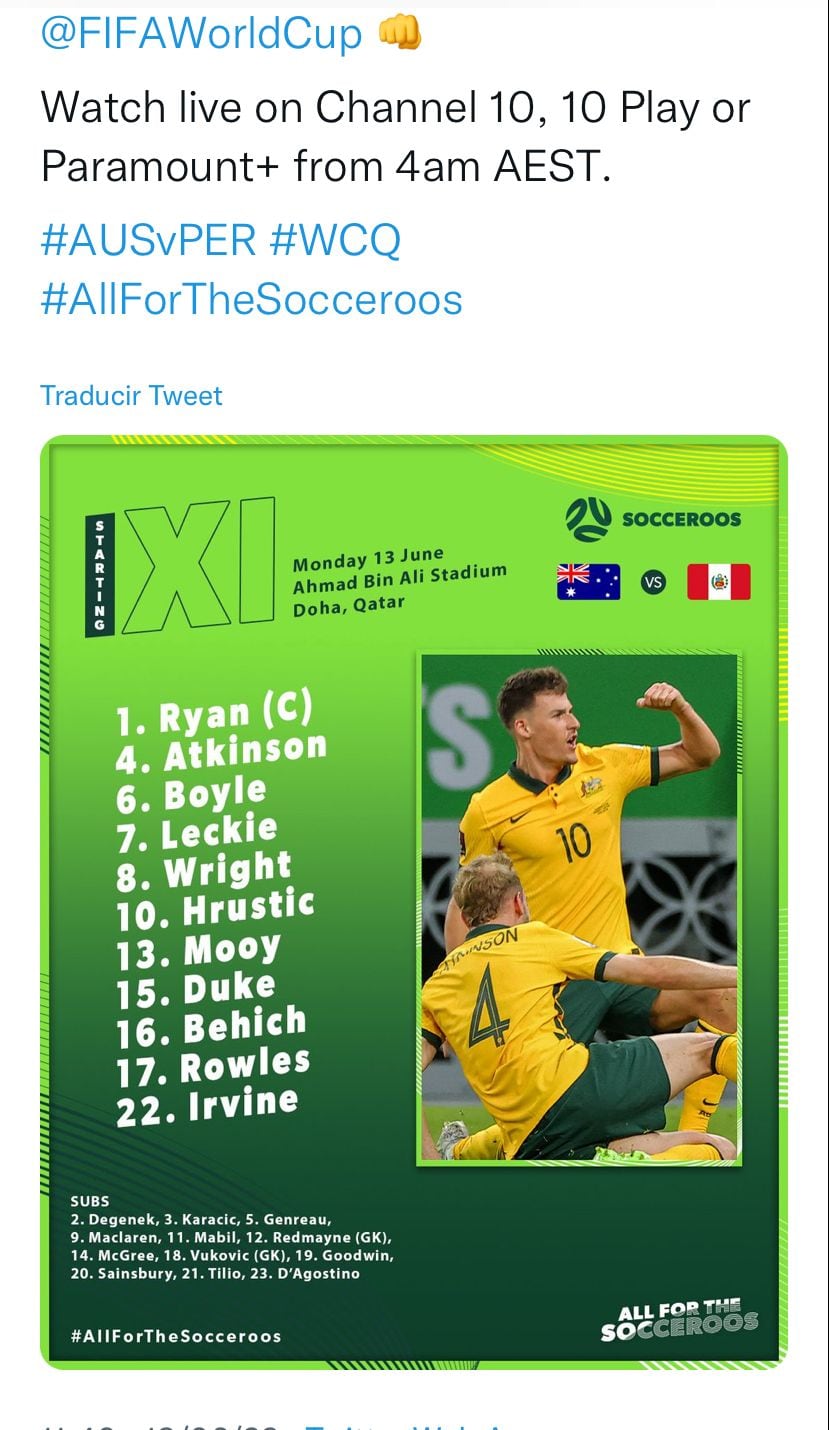 Este es el XI inicial de Australia para enfrentar a Perú rumbo a Qatar 2022.