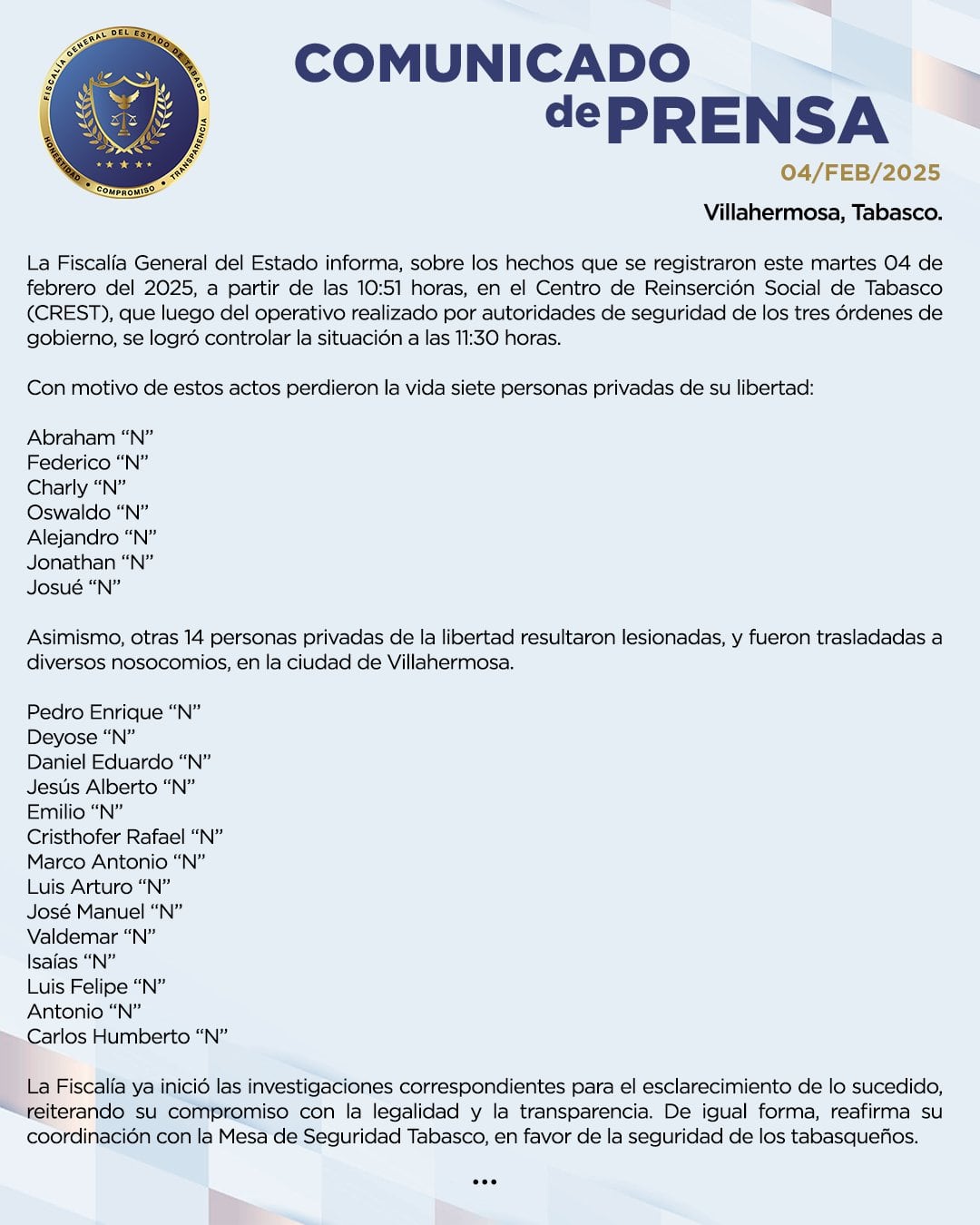 Centro de Readaptación Social de Villahermosa, Tabasco hoy 4 de febrero: enfrentamiento dejó 7 muertos y 14 heridos; revelan sus nombres