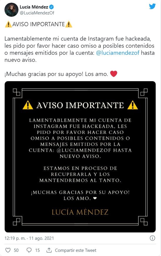 A Lucía Méndez le hackearon su cuenta de Instagram
