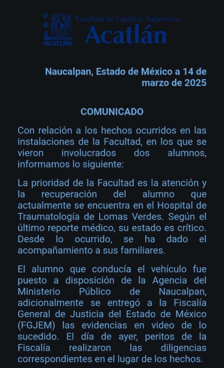 FES Acatlán UNAM: Alumno en coma tras ser atropellado por otro estudiante al interior del plantel; exigen justicia