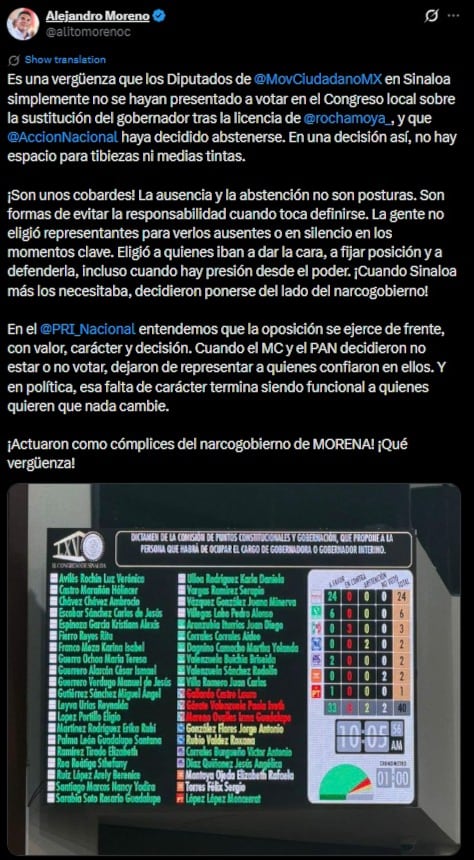 Alito Moreno arremete contra PAN y MC en Sinaloa por Yeraldine Bonilla