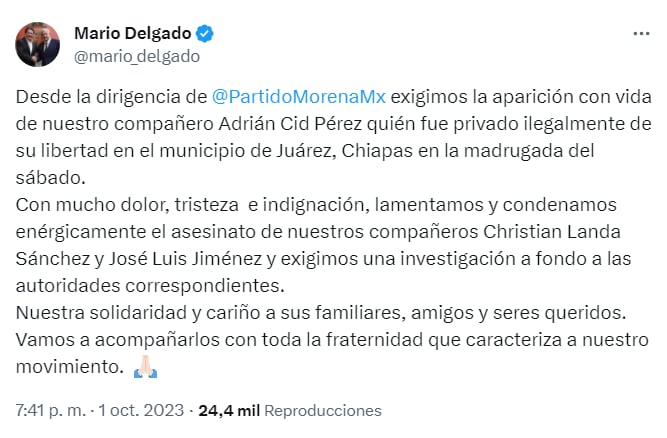 Mario Delgado anuncia que Adrián Cid Pérez, militante de Morena, fue secuestrado
