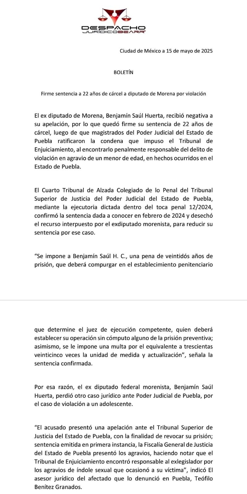 Saúl Huerta se quedará en prisión 22 años