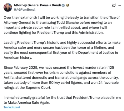 Pam Bondi deja de ser la Fiscal General de Estados Unidos