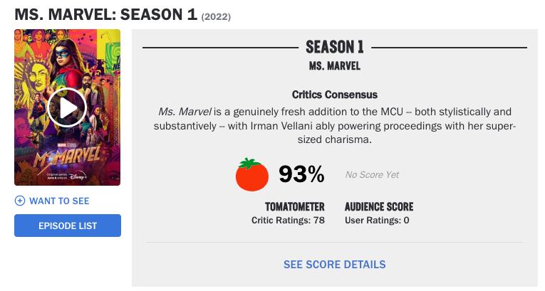 Calificación de 'Ms. Marvel' en Rotten Tomatoes